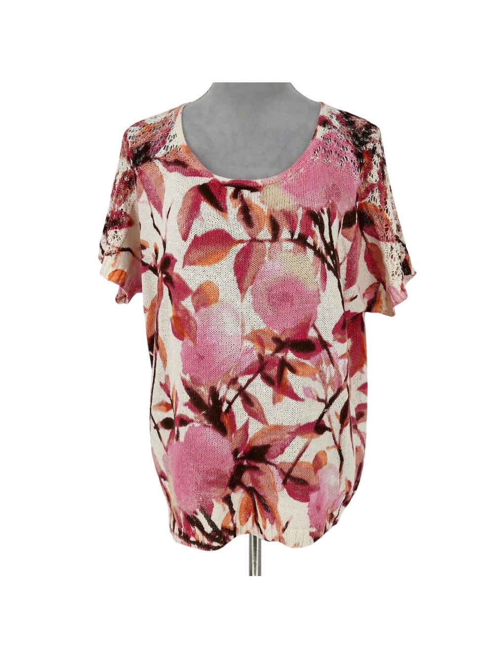 Chicos Sweater 2 Womens Large Ivory Pink Floral Cotton Knit Cap Sleeve Oversized